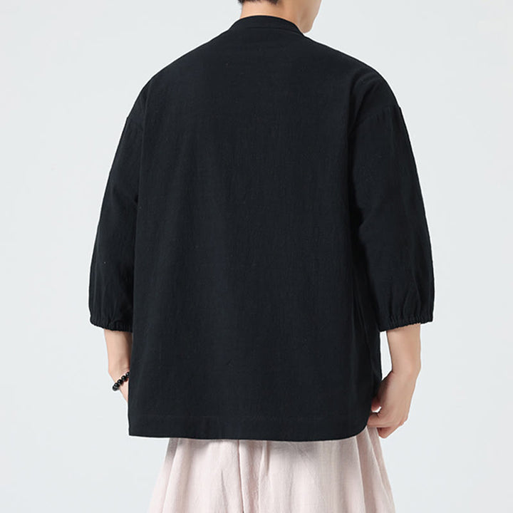 Buddha Stones d'été en coton à manches trois-quarts et col montant pour homme avec boutons grenouille et poche - image 15