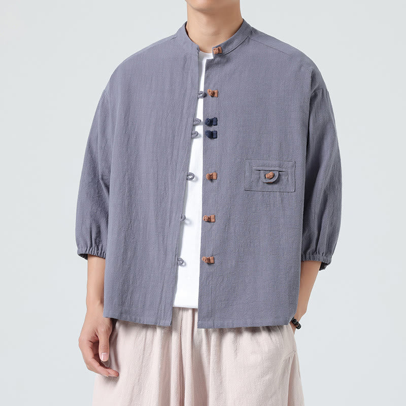 Chemise d'été pour homme en coton, manches trois-quarts, col montant à boutons grenouille, avec poche, Buddha Stones - image 22