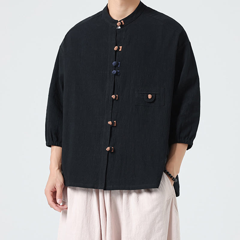 Buddha Stones d'été en coton à manches trois-quarts et col montant pour homme avec boutons grenouille et poche - image 12