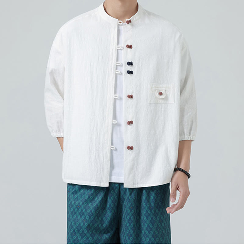 Buddha Stones d'été en coton à manches trois-quarts et col montant pour homme avec boutons grenouille et poche