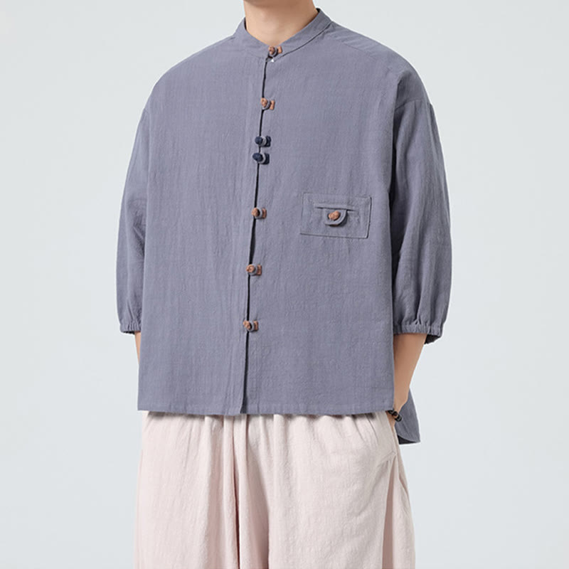 Chemise d'été pour homme en coton, manches trois-quarts, col montant à boutons grenouille, avec poche, Buddha Stones - image 20