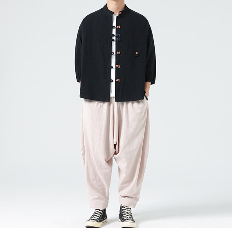 Buddha Stones d'été en coton à manches trois-quarts et col montant pour homme avec boutons grenouille et poche - image 17