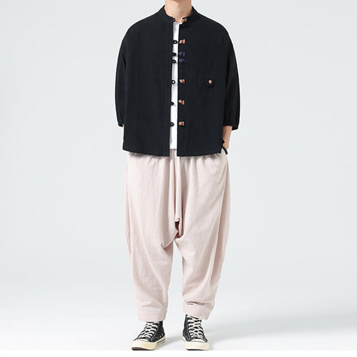 Buddha Stones d'été en coton à manches trois-quarts et col montant pour homme avec boutons grenouille et poche - image 17