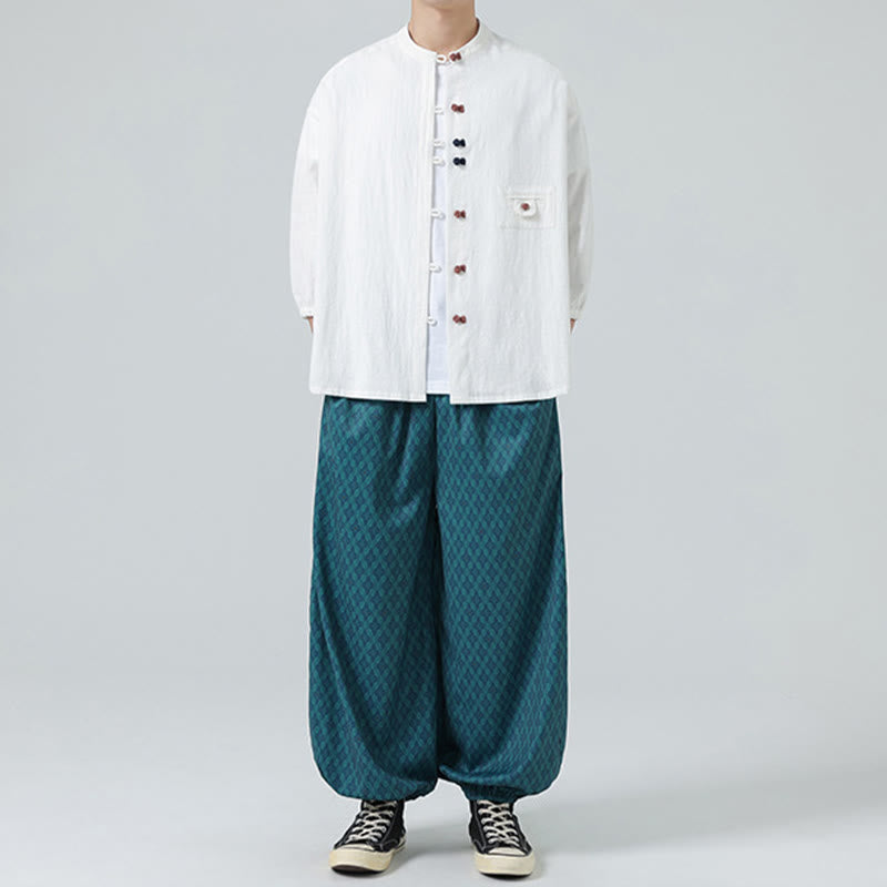 Buddha Stones d'été en coton à manches trois-quarts et col montant pour homme avec boutons grenouille et poche - image 6