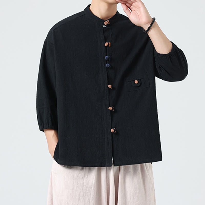 Chemise d'été pour homme en coton, manches trois-quarts, col montant à boutons grenouille, avec poche, Buddha Stones - image 16