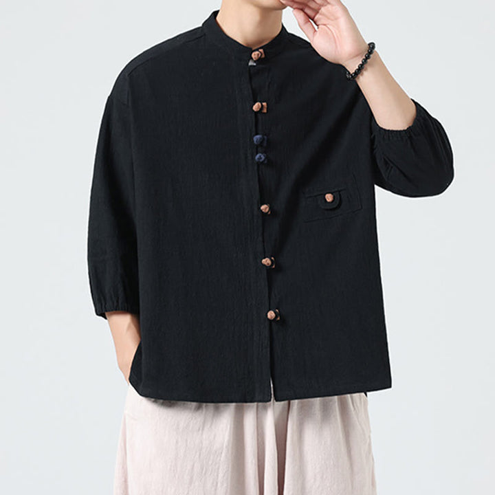 Chemise d'été pour homme en coton, manches trois-quarts, col montant à boutons grenouille, avec poche, Buddha Stones - image 16