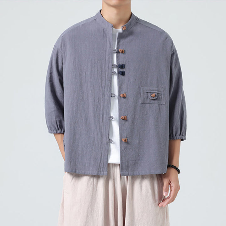 Chemise d'été pour homme en coton, manches trois-quarts, col montant à boutons grenouille, avec poche, Buddha Stones - image 23