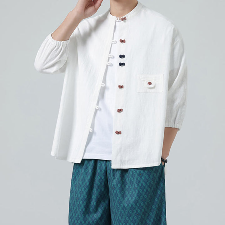 Chemise d'été pour homme en coton, manches trois-quarts, col montant à boutons grenouille, avec poche, Buddha Stones - Blanc - US/UK/AU46，EU56 (5XL) - image 0