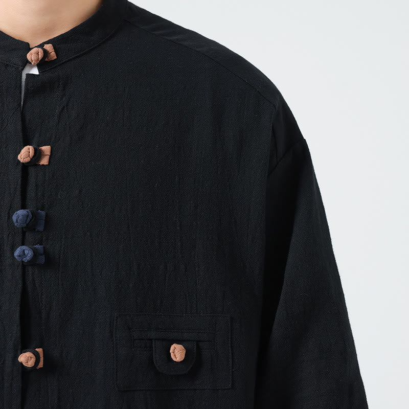 Chemise d'été pour homme en coton, manches trois-quarts, col montant à boutons grenouille, avec poche, Buddha Stones - image 18