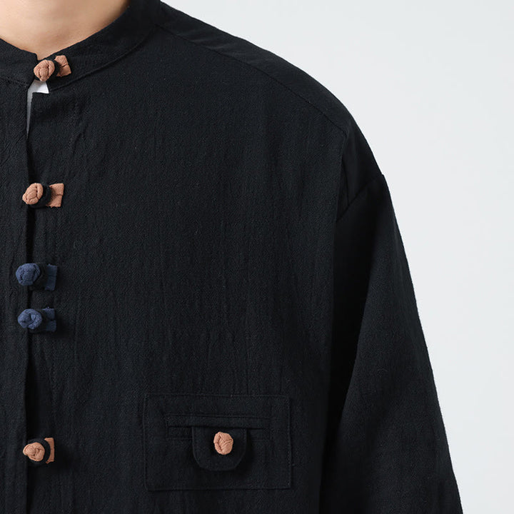 Chemise d'été pour homme en coton, manches trois-quarts, col montant à boutons grenouille, avec poche, Buddha Stones - image 18