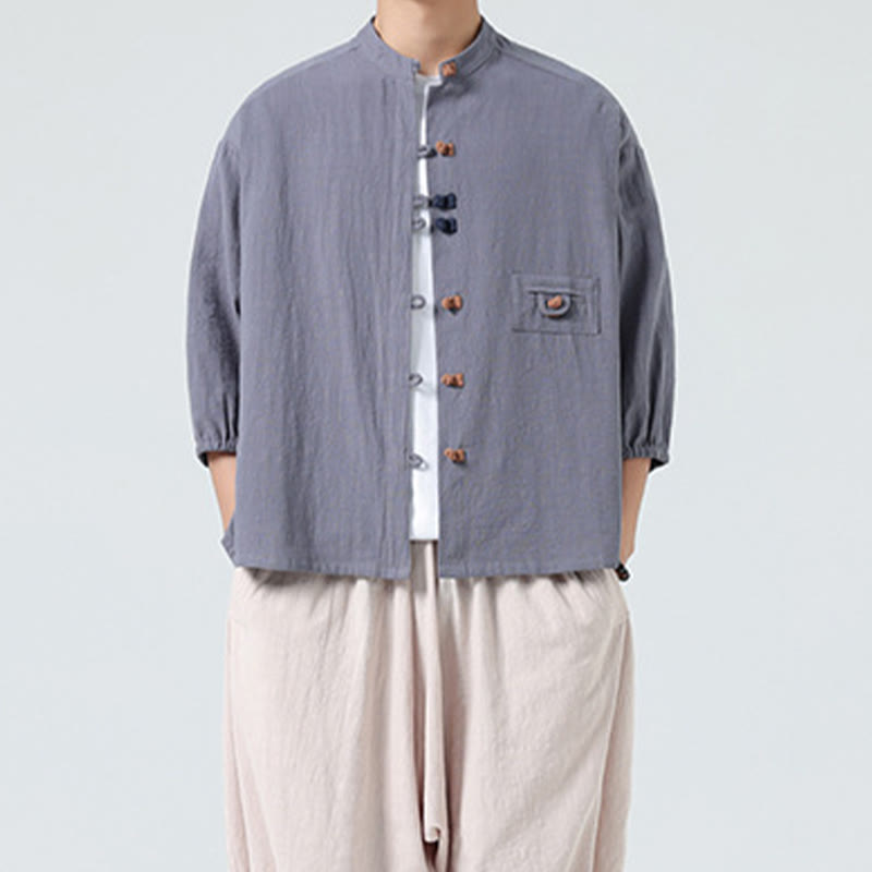 Buddha Stones d'été en coton à manches trois-quarts et col montant pour homme avec boutons grenouille et poche - image 24