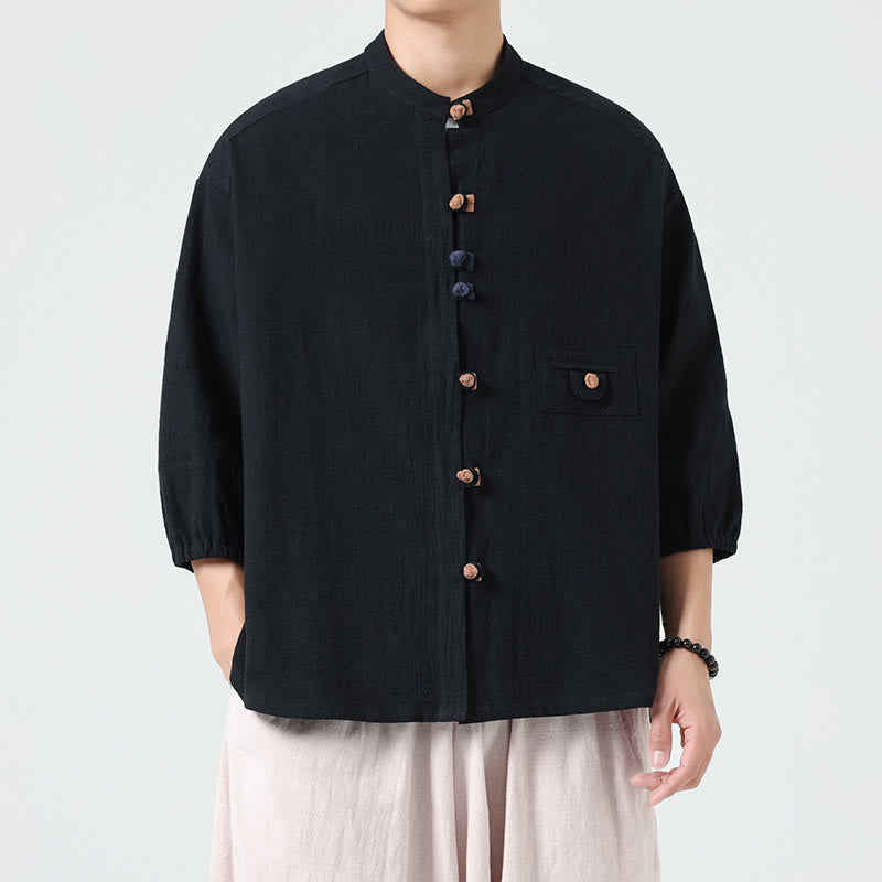 Chemise d'été pour homme en coton, manches trois-quarts, col montant à boutons grenouille, avec poche, Buddha Stones - image 13