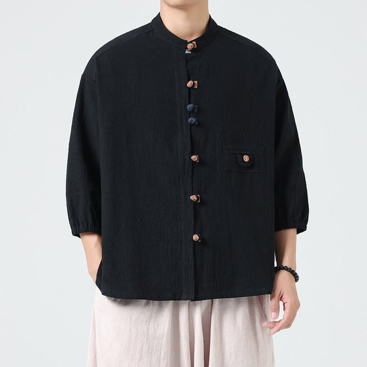 Chemise d'été pour homme en coton, manches trois-quarts, col montant à boutons grenouille, avec poche, Buddha Stones - image 13