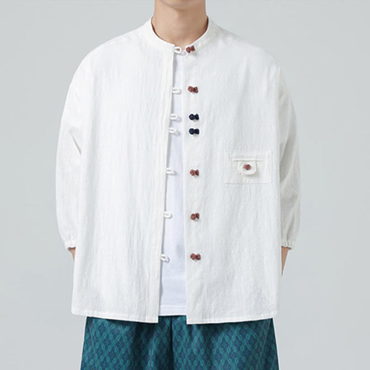 Buddha Stones d'été en coton à manches trois-quarts et col montant pour homme avec boutons grenouille et poche