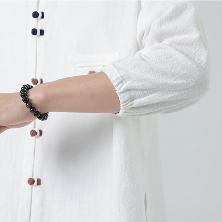 Buddha Stones d'été en coton à manches trois-quarts et col montant pour homme avec boutons grenouille et poche - image 8