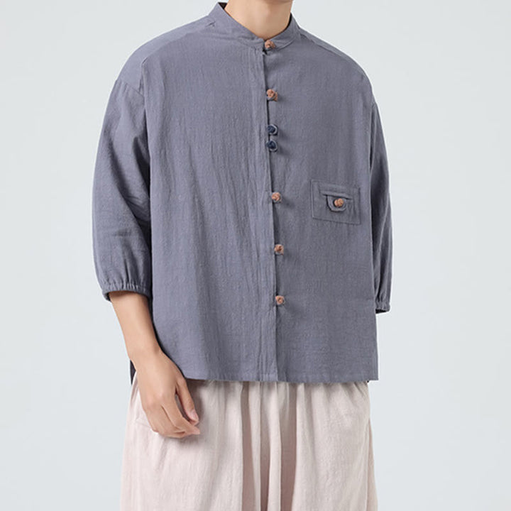 Buddha Stones d'été en coton à manches trois-quarts et col montant pour homme avec boutons grenouille et poche