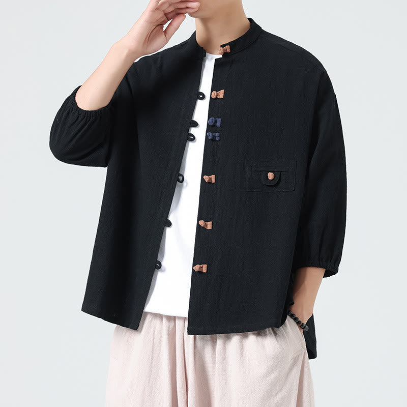 Buddha Stones d'été en coton à manches trois-quarts et col montant pour homme avec boutons grenouille et poche - Noir - US/UK/AU46，EU56 (5XL) - image 9