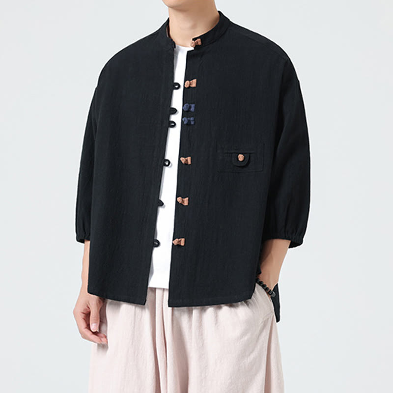 Buddha Stones d'été en coton à manches trois-quarts et col montant pour homme avec boutons grenouille et poche - image 10