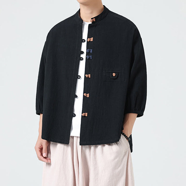 Buddha Stones d'été en coton à manches trois-quarts et col montant pour homme avec boutons grenouille et poche - image 10