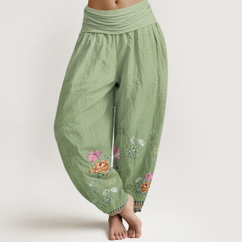 Pantalon sarouel décontracté à taille élastique pour femme, motif de pétales de pivoine et de plantes, motif Buddha Stones - JauneVert - US22，UK/AU26，EU54 (6XL) - image 0