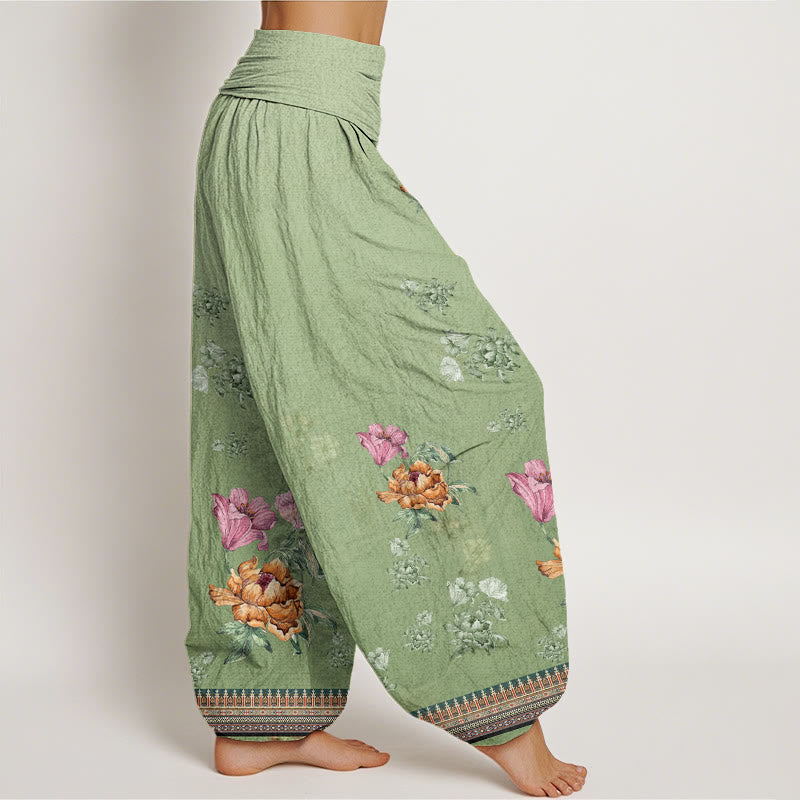 Pantalon sarouel décontracté à taille élastique pour femme, motif de pétales de pivoine et de plantes, motif Buddha Stones - image 1