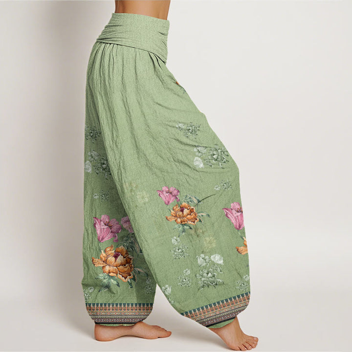 Pantalon sarouel décontracté à taille élastique pour femme, motif de pétales de pivoine et de plantes, motif Buddha Stones - image 1