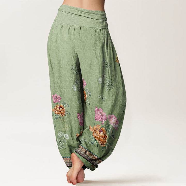 Pantalon sarouel décontracté à taille élastique pour femme, motif de pétales de pivoine et de plantes, motif Buddha Stones - image 3