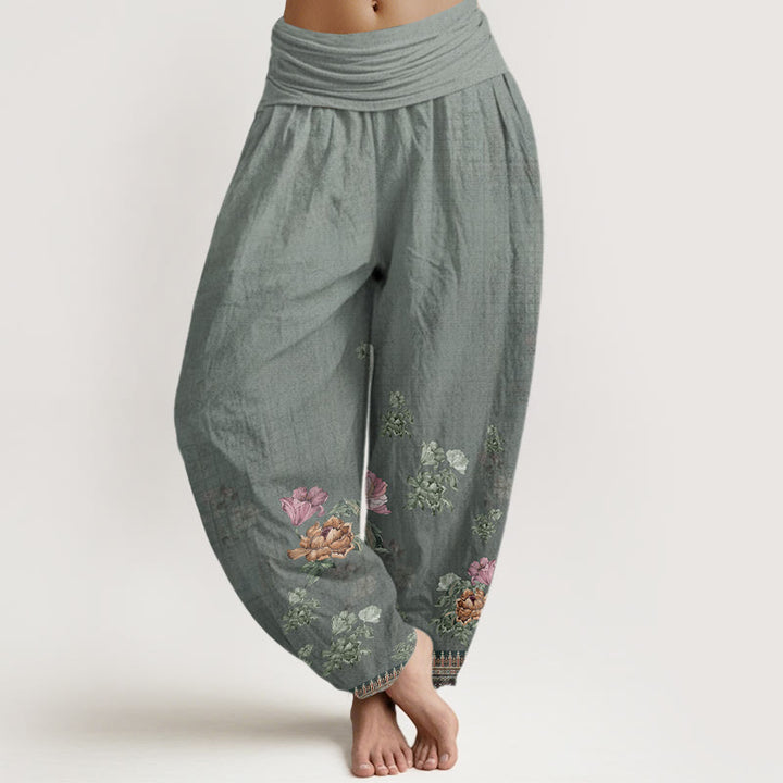 Pantalon sarouel décontracté à taille élastique pour femme, motif de pétales de pivoine et de plantes, motif Buddha Stones - Gris foncé - US22，UK/AU26，EU54 (6XL) - image 4