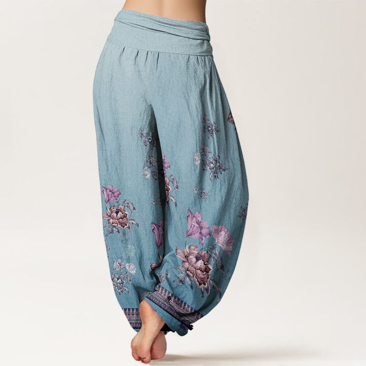 Pantalon harem à taille élastique pour femme, en coton décontracté, motif pétales de pivoine et Buddha Stones - image 9