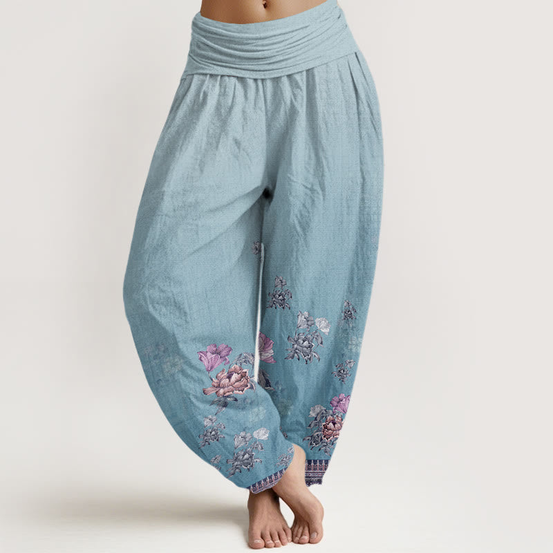 Pantalon harem à taille élastique pour femme, en coton décontracté, motif pétales de pivoine et Buddha Stones - Bleu ciel clair - US22，UK/AU26，EU54 (6XL) - image 7