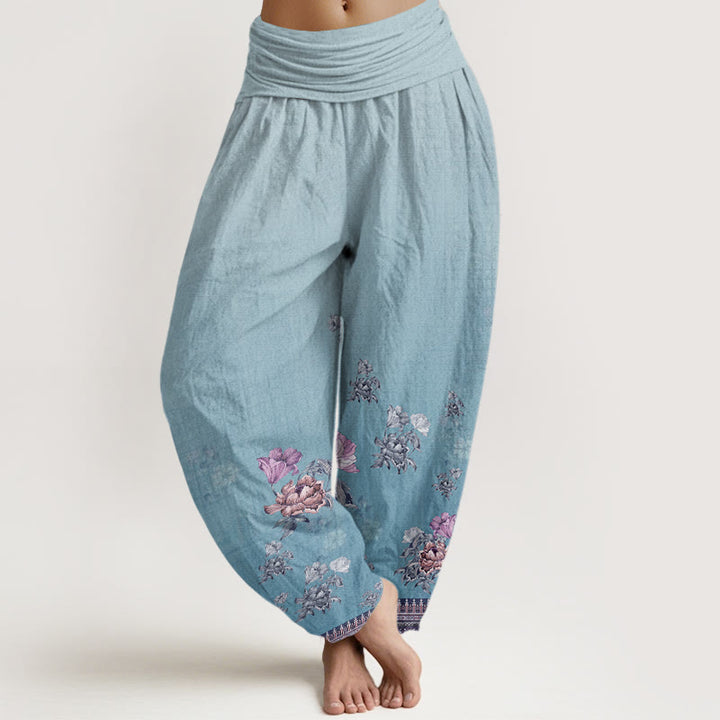 Pantalon harem à taille élastique pour femme, en coton décontracté, motif pétales de pivoine et Buddha Stones - Bleu ciel clair - US22，UK/AU26，EU54 (6XL) - image 7