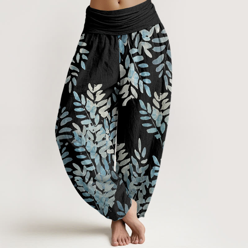 Pantalon harem femme en coton décontracté à motif de feuilles entrelacées et Buddha Stones - Noir - US22，UK/AU26，EU54 (6XL) - image 0