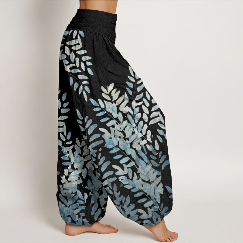 Pantalon harem femme en coton décontracté à motif de feuilles entrelacées et Buddha Stones - image 1