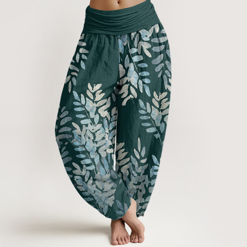 Pantalon sarouel décontracté à taille élastique pour femme, motif feuilles entrelacées et plantes Buddha Stones - Cyan foncé - US22，UK/AU26，EU54 (6XL) - image 5