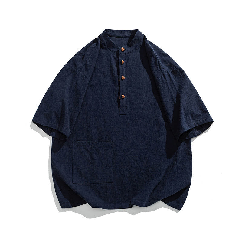 Chemise décontractée à manches mi-longues et col montant pour homme, motif Buddha Stones, avec poche