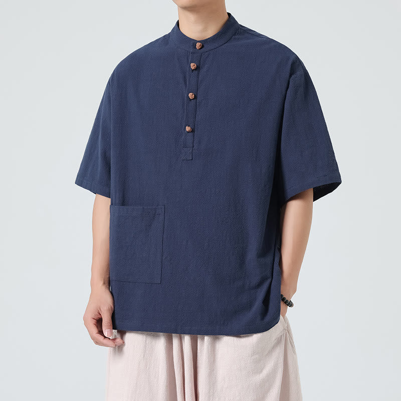 Chemise décontractée à manches mi-longues et col montant pour homme, motif Buddha Stones, avec poche - Marine - US/UK/AU46，EU56 (5XL) - image 0