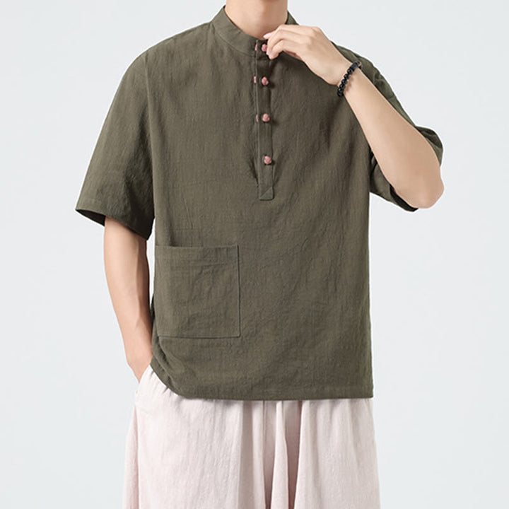 Chemise décontractée à manches mi-longues et col montant pour homme, motif Buddha Stones, avec poche