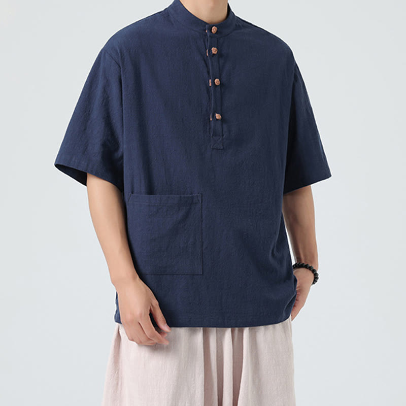 Chemise décontractée à manches mi-longues et col montant pour homme, motif Buddha Stones, avec poche - image 1