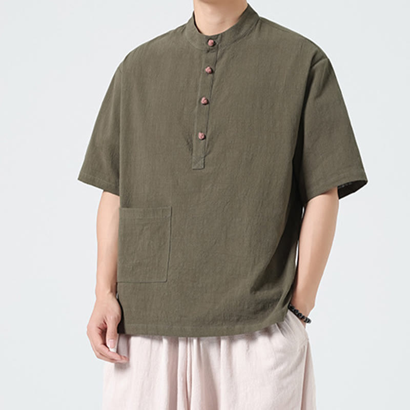 Chemise décontractée à manches mi-longues et col montant pour homme, motif Buddha Stones, avec poche