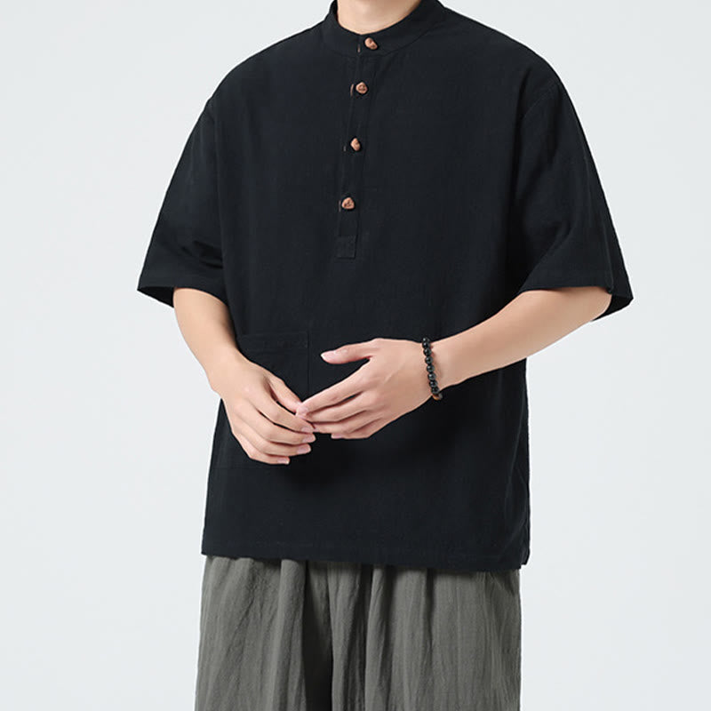 Chemise décontractée à manches mi-longues et col montant pour homme, motif Buddha Stones, avec poche