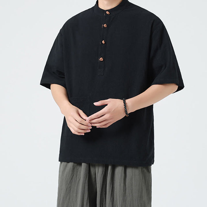Chemise décontractée à manches mi-longues et col montant pour homme, motif Buddha Stones, avec poche