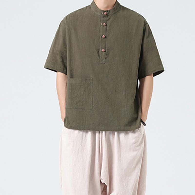 Chemise décontractée à manches mi-longues et col montant pour homme, motif Buddha Stones, avec poche