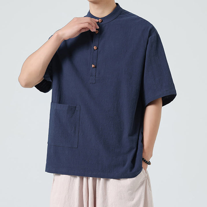 Chemise décontractée à manches mi-longues et col montant pour homme, motif Buddha Stones, avec poche - image 3