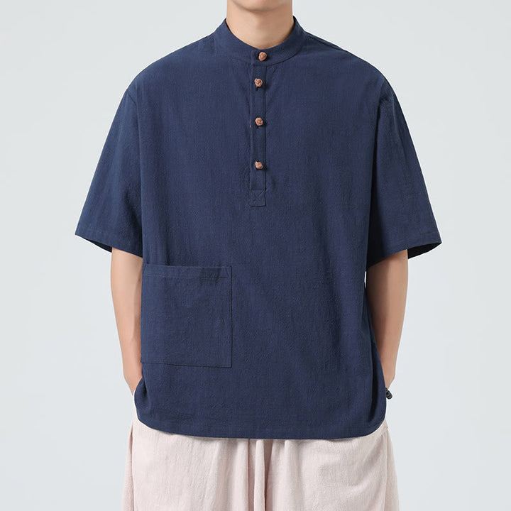 Chemise décontractée à manches mi-longues et col montant pour homme, motif Buddha Stones, avec poche