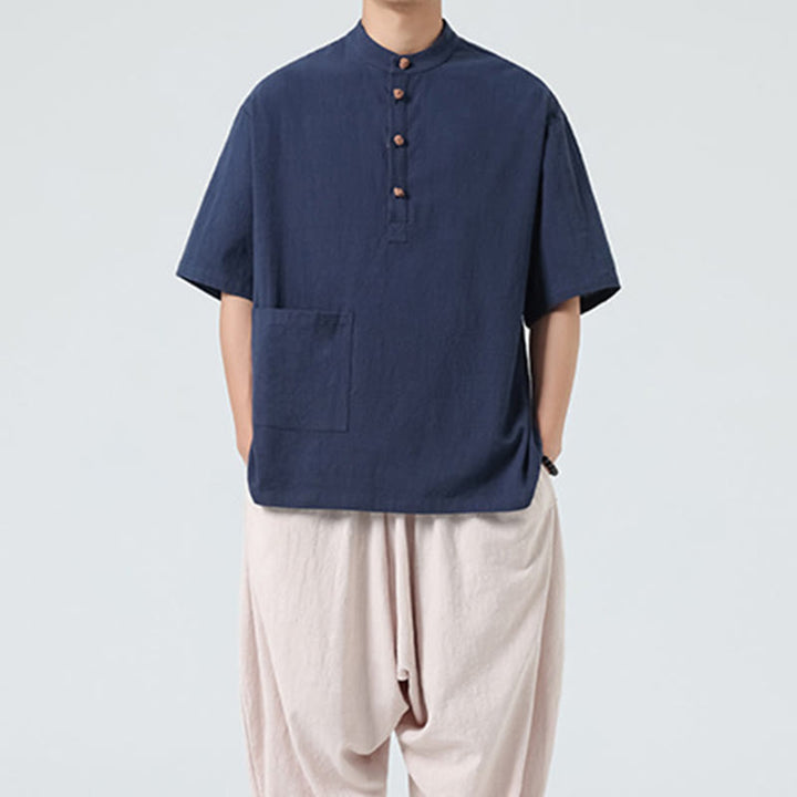 Chemise décontractée à manches mi-longues et col montant pour homme, motif Buddha Stones, avec poche