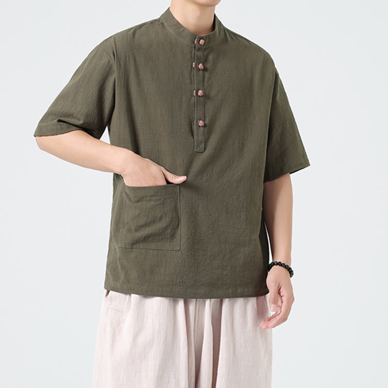 Chemise décontractée à manches mi-longues et col montant pour homme, motif Buddha Stones, avec poche