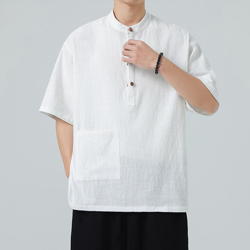 Chemise décontractée à manches mi-longues et col montant pour homme, motif Buddha Stones, avec poche