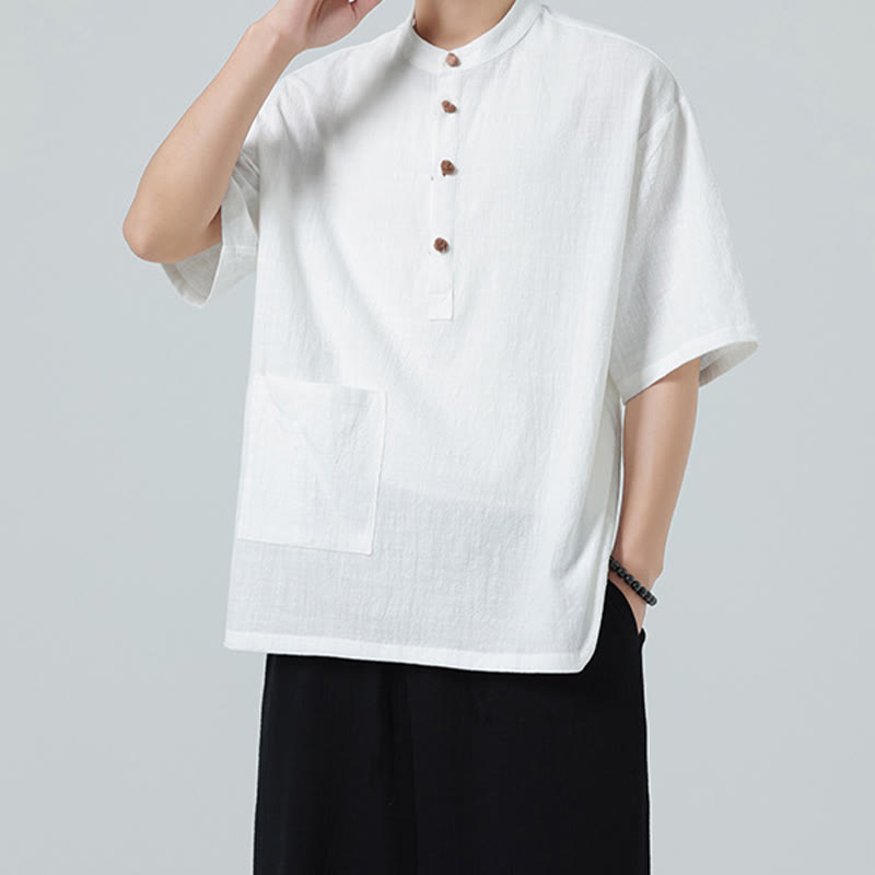 Chemise décontractée à manches mi-longues et col montant pour homme, motif Buddha Stones, avec poche