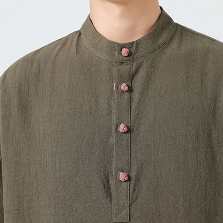 Chemise décontractée à manches mi-longues et col montant pour homme, motif Buddha Stones, avec poche