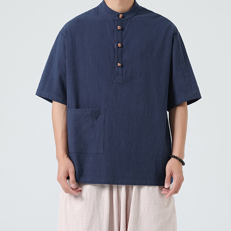 Chemise décontractée à manches mi-longues et col montant pour homme, motif Buddha Stones, avec poche